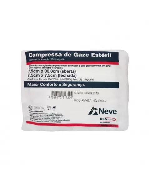 COMPRESSA GAZE ESTÉRIL 7,5X7,5 13FIOS C/10 CROCHÊ NEVE