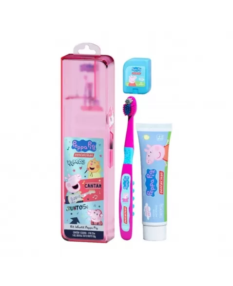 KIT INFANTIL VIAGEM ESCOVA DENTAL + GEL DENTAL 50G + FIO DENTAL 25M PEPPA PIG DENTALCLEAN