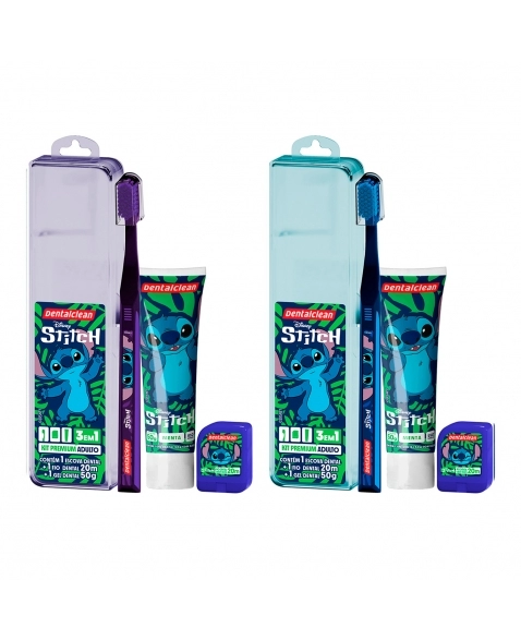 KIT ADULTO VIAGEM ESCOVA DENTAL + GEL DENTAL 50G + FIO DENTAL 20M STITCH DENTALCLEAN