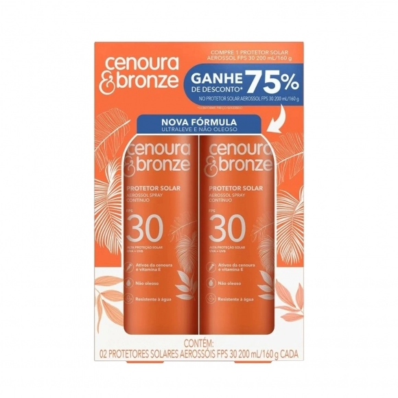 KIT PROMOCIONAL C/ 2 PROTETORES SOLARES AEROSSÓIS SPRAY FPS30 200ML CENOURA E BRONZE COTY