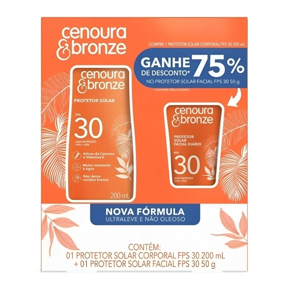 KIT PROMOCIONAL PROTETOR SOLAR CORPORAL FPS30 200ML + PROTETOR FACIAL FPS30 50G CENOURA E BRONZE COTY