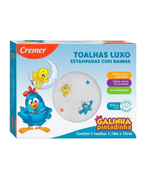 TOALHA BANHO LUXO ESTAMPADA GALINHA PINTADINHA 1,18MX70CM C/3 CREMER