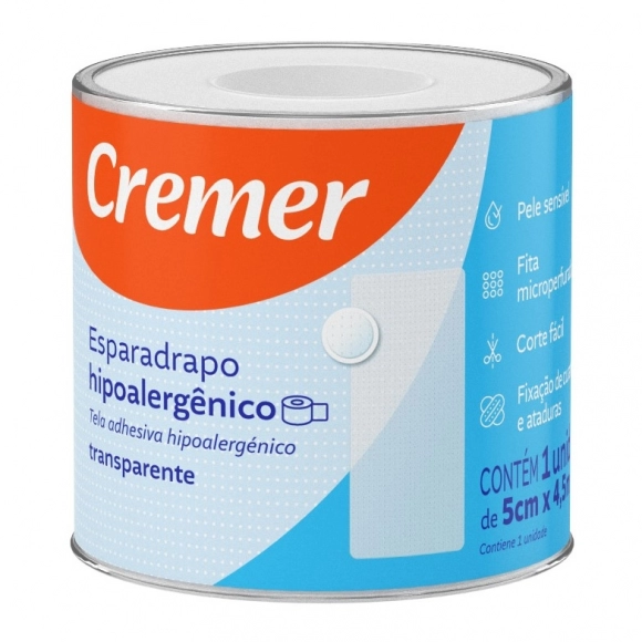 ESPARADRAPO HIPOALERGÊNICO TRANSPARENTE 5.0CMX4.5M CREMER
