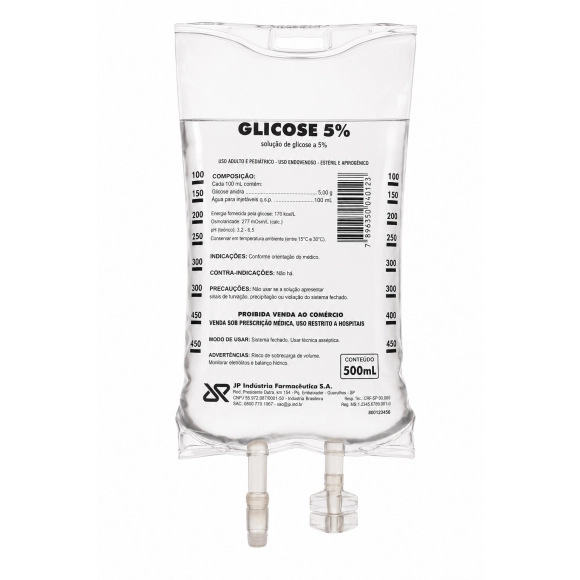 SOLUÇÃO DE GLICOSE 5% BOLSA PVC ESTÉRIL SISTEMA FECHADO 500ML JP FARMA