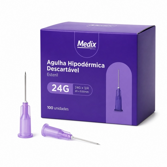 AGULHA HIPODÉRMICA 20X0,55MM (24GX3/4) 100UN MEDIX